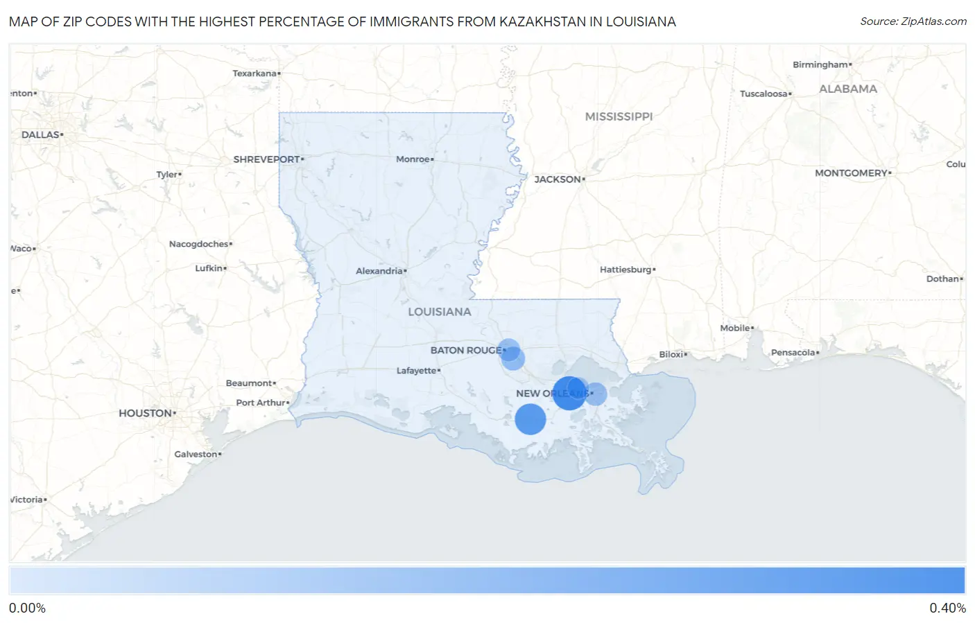 Zip Codes with the Highest Percentage of Immigrants from Kazakhstan in Louisiana Map
