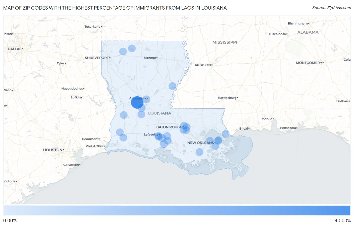 Zip Codes with the Highest Percentage of Immigrants from Laos in Louisiana Map