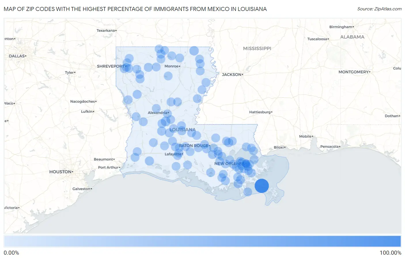 Zip Codes with the Highest Percentage of Immigrants from Mexico in Louisiana Map