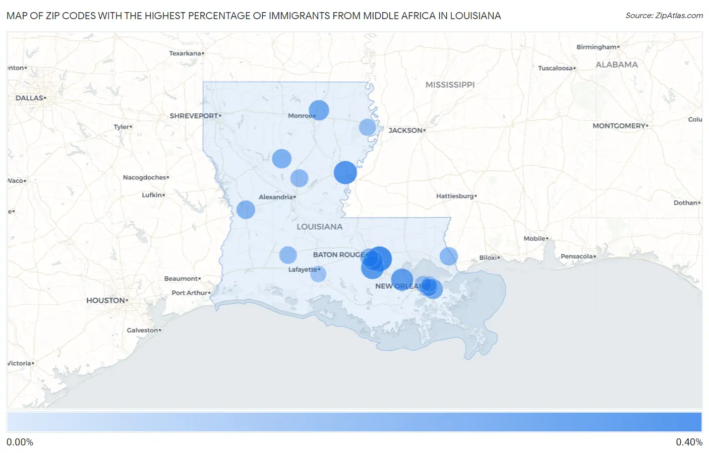 Zip Codes with the Highest Percentage of Immigrants from Middle Africa in Louisiana Map