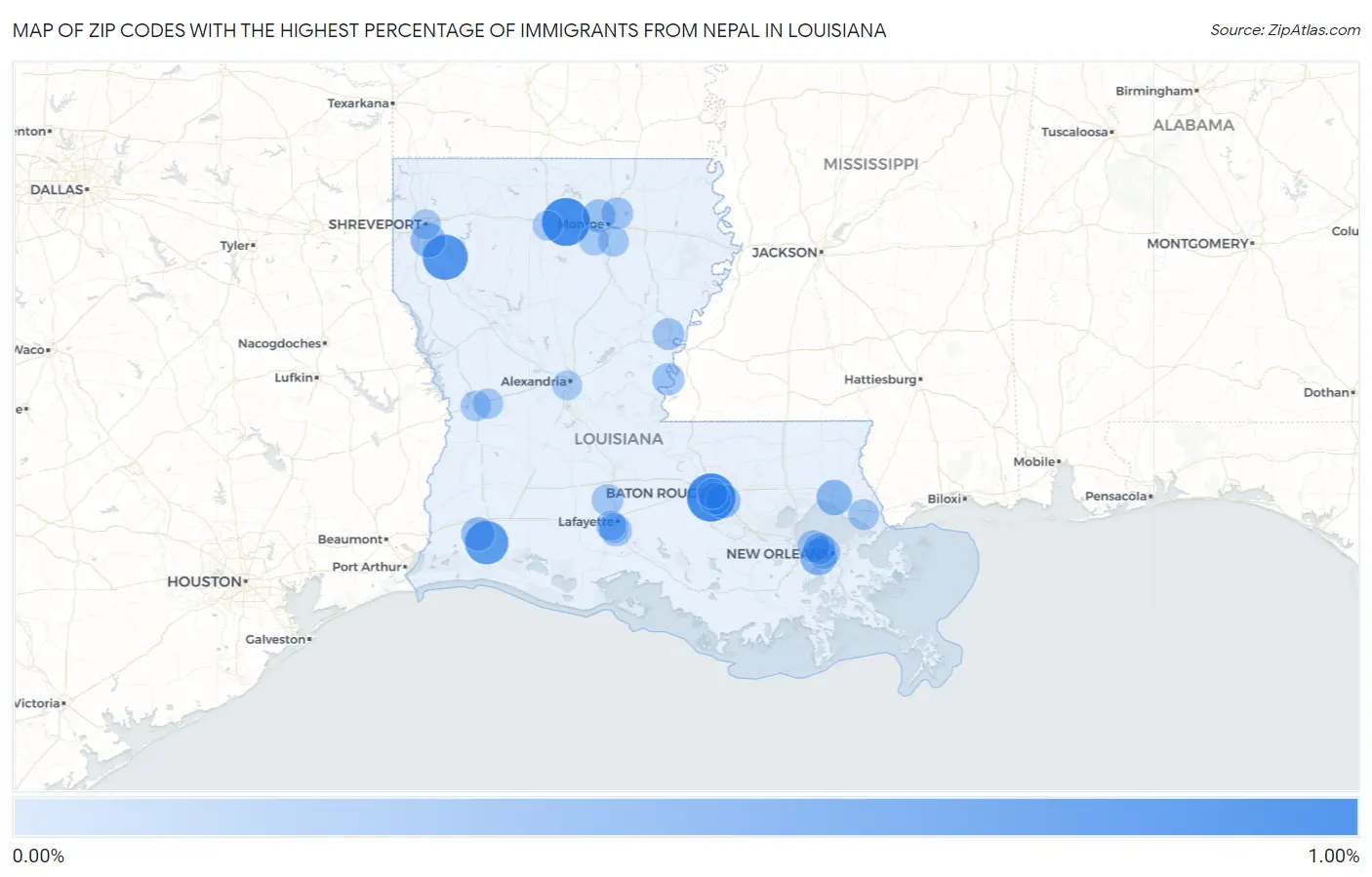 Zip Codes with the Highest Percentage of Immigrants from Nepal in Louisiana Map