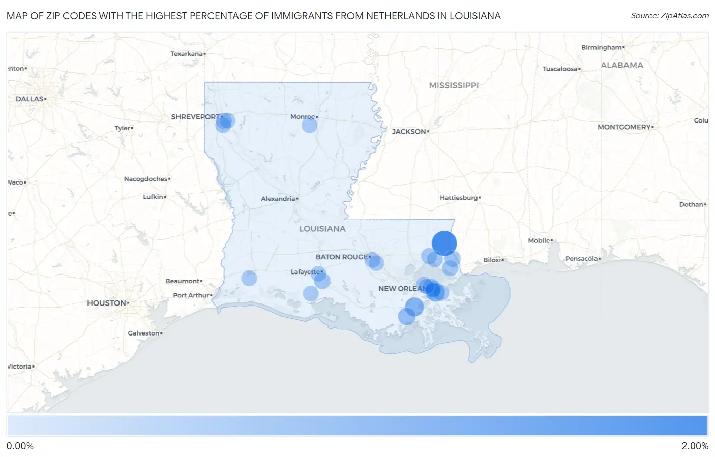 Zip Codes with the Highest Percentage of Immigrants from Netherlands in Louisiana Map