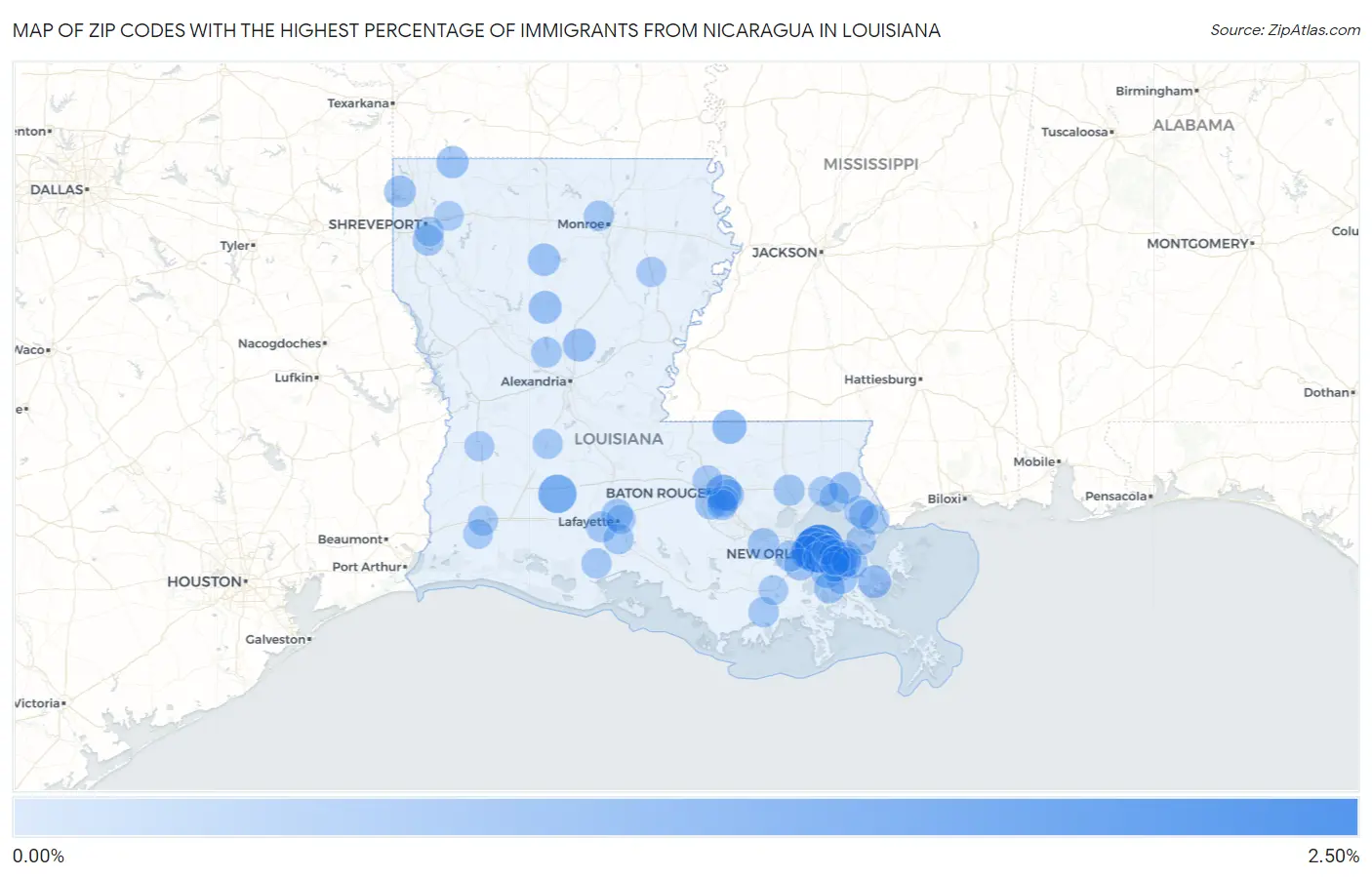 Zip Codes with the Highest Percentage of Immigrants from Nicaragua in Louisiana Map