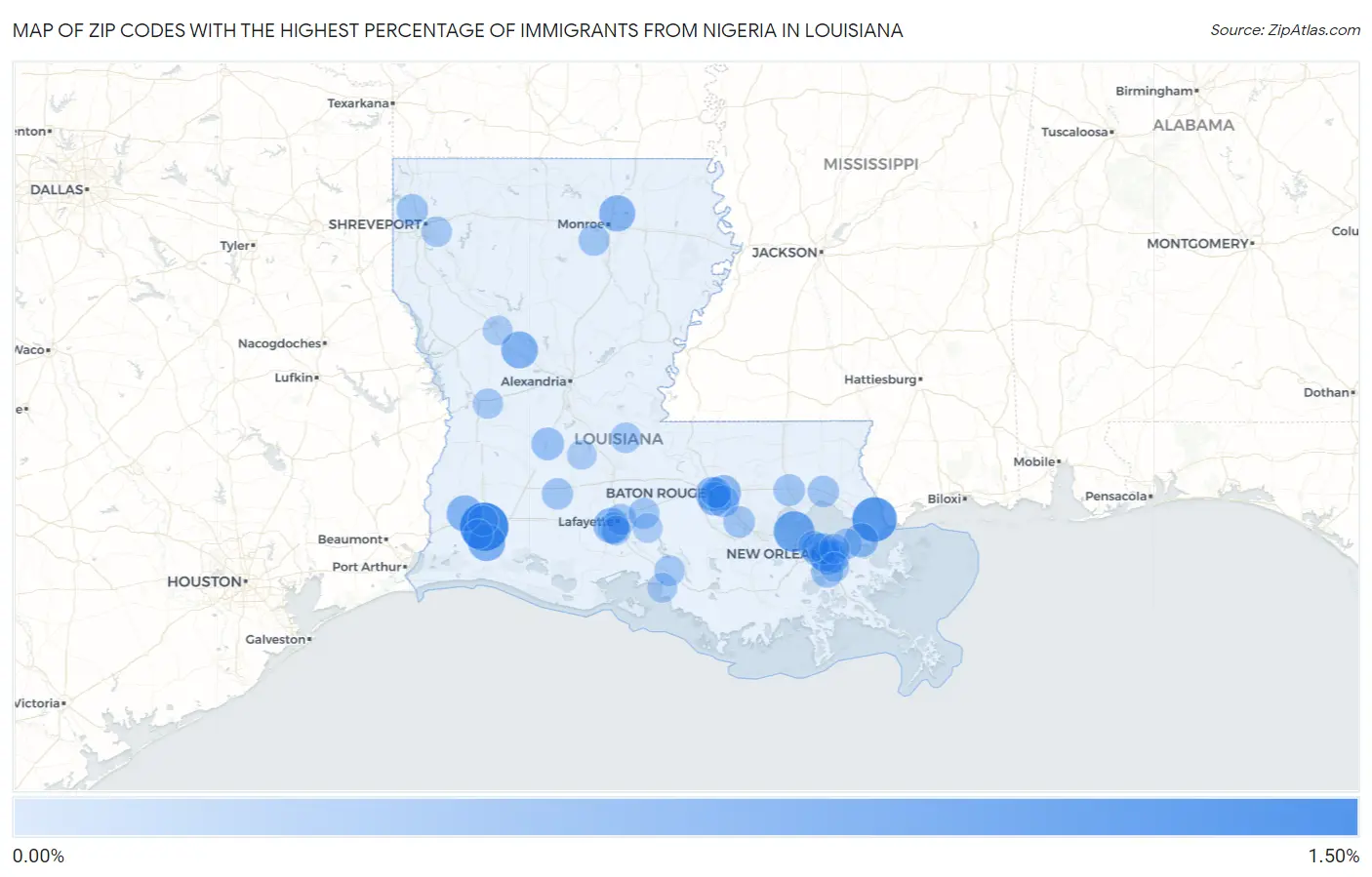 Zip Codes with the Highest Percentage of Immigrants from Nigeria in Louisiana Map