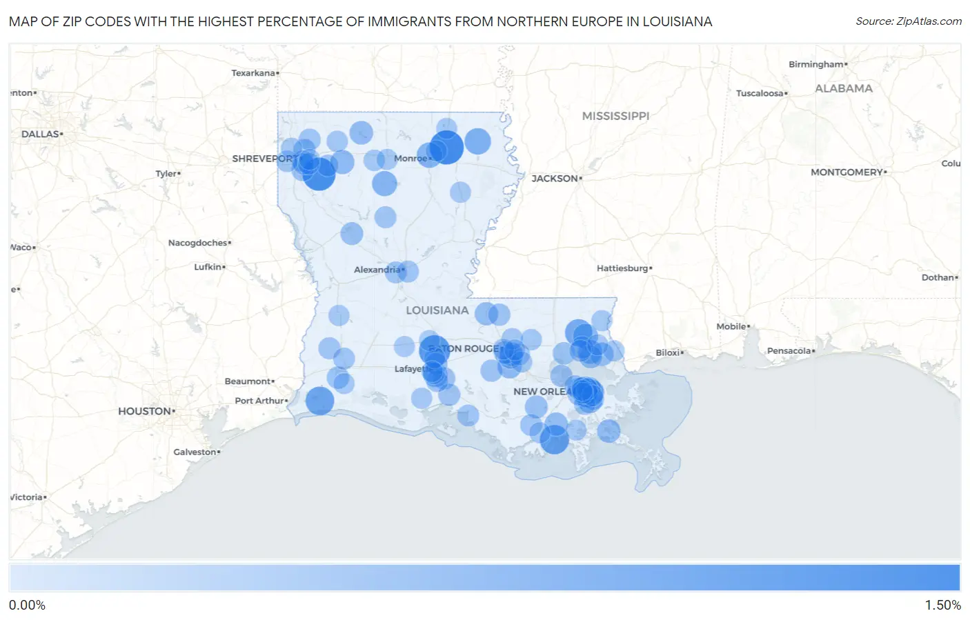 Zip Codes with the Highest Percentage of Immigrants from Northern Europe in Louisiana Map