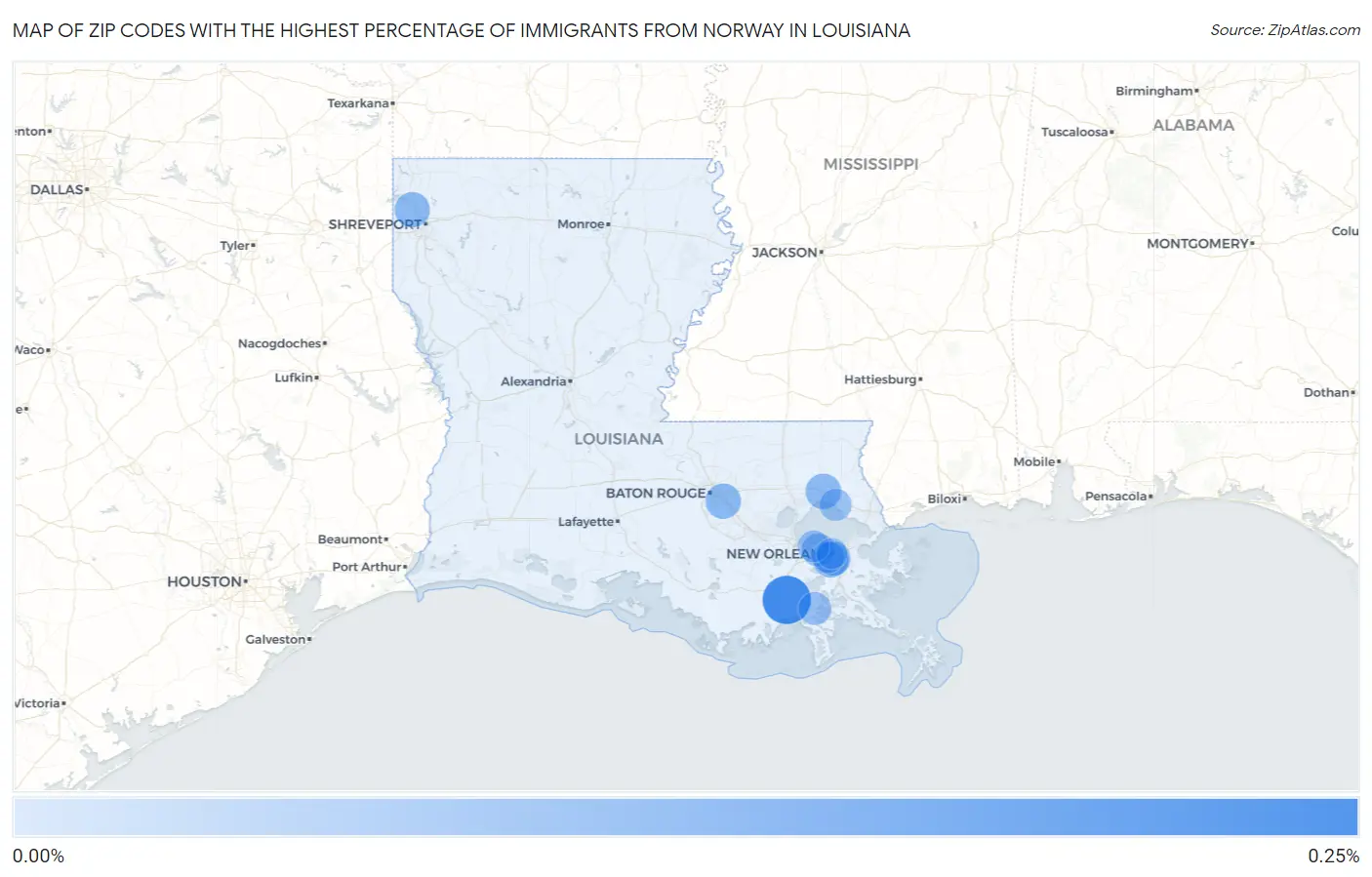 Zip Codes with the Highest Percentage of Immigrants from Norway in Louisiana Map