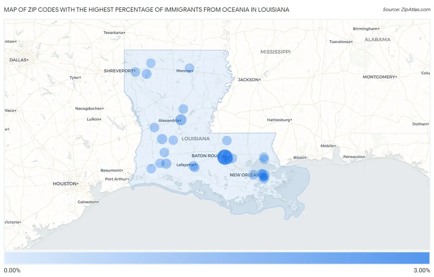 Zip Codes with the Highest Percentage of Immigrants from Oceania in Louisiana Map