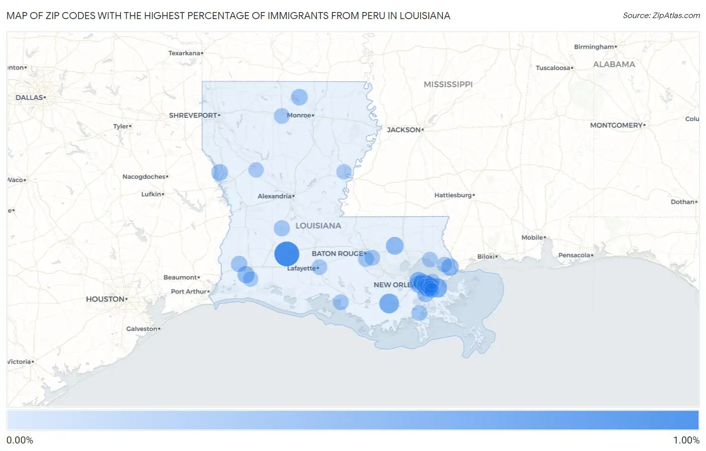 Zip Codes with the Highest Percentage of Immigrants from Peru in Louisiana Map