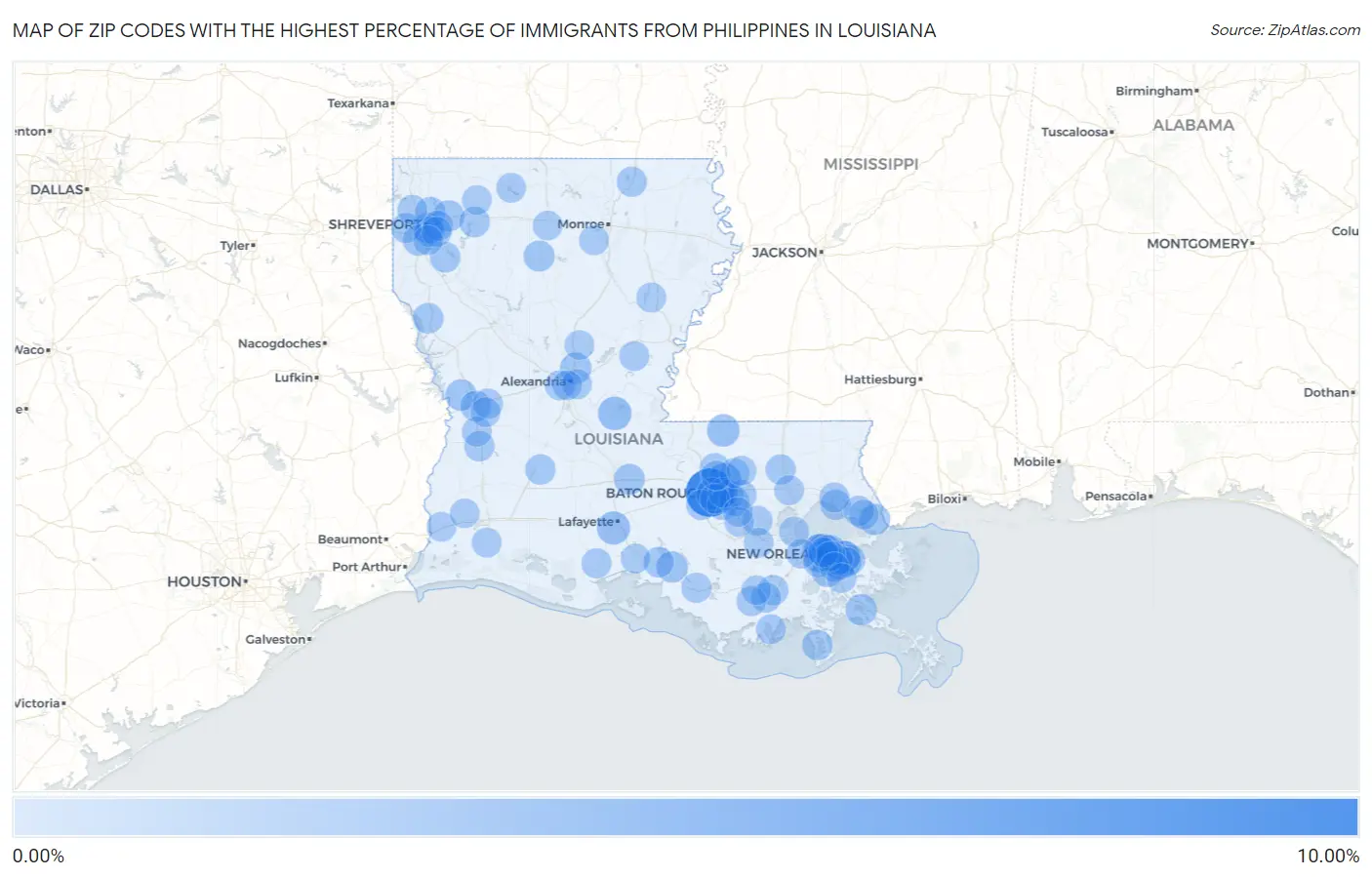 Zip Codes with the Highest Percentage of Immigrants from Philippines in Louisiana Map