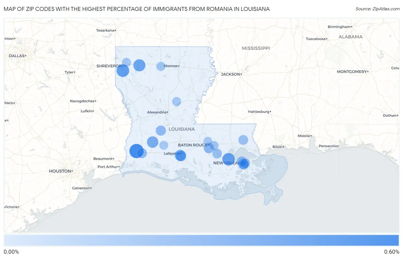Zip Codes with the Highest Percentage of Immigrants from Romania in Louisiana Map