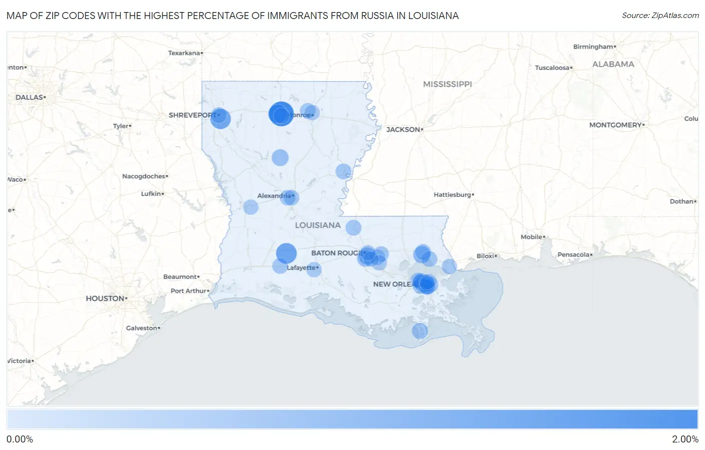 Zip Codes with the Highest Percentage of Immigrants from Russia in Louisiana Map