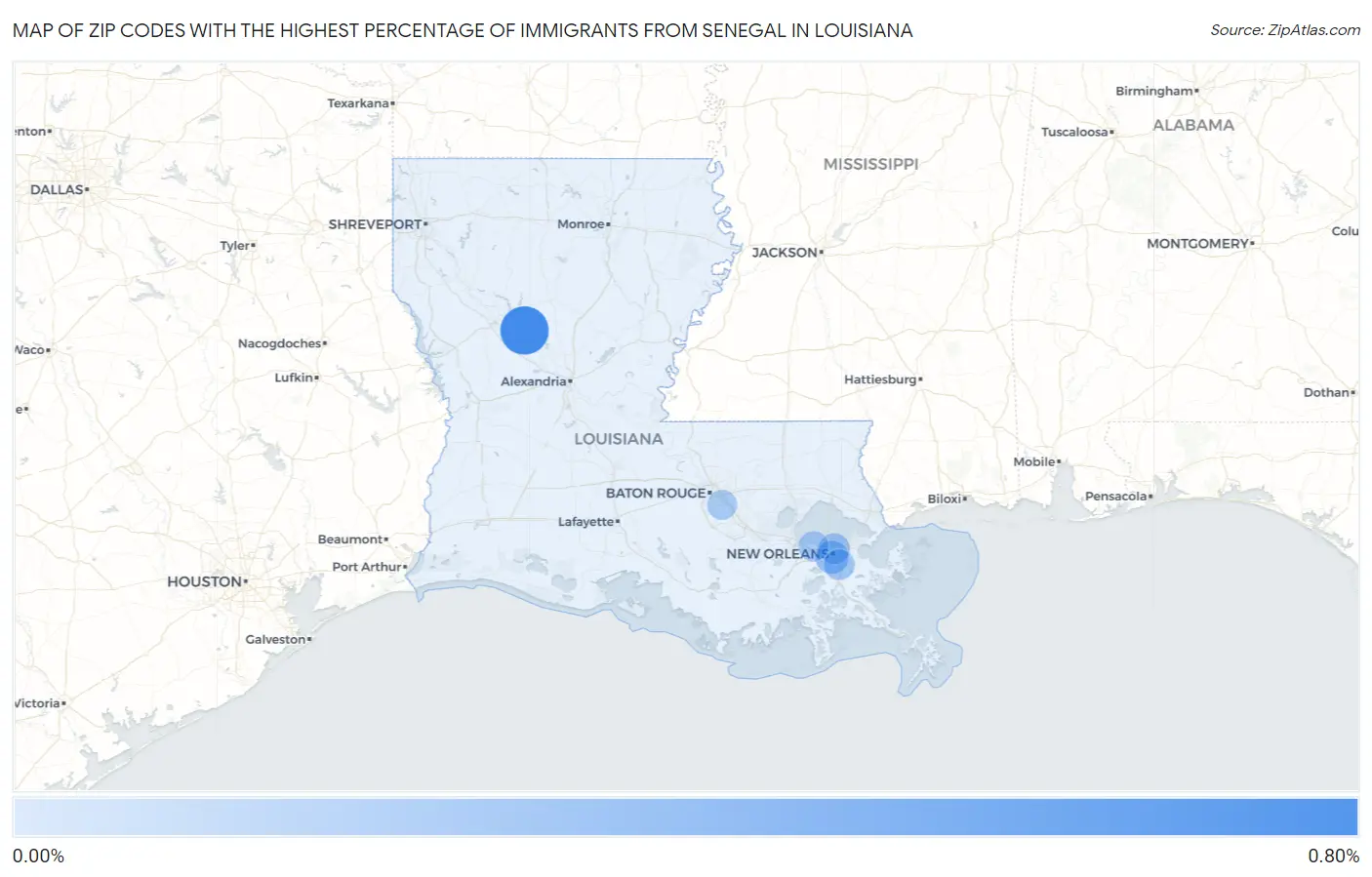Zip Codes with the Highest Percentage of Immigrants from Senegal in Louisiana Map