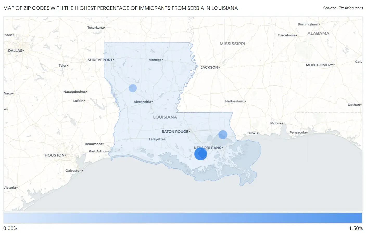 Zip Codes with the Highest Percentage of Immigrants from Serbia in Louisiana Map