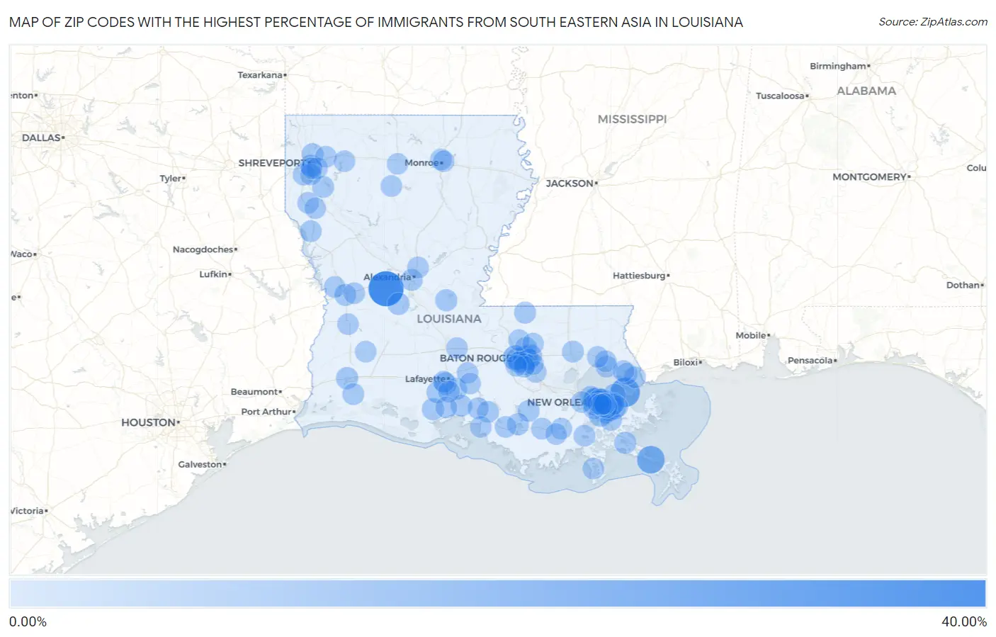 Zip Codes with the Highest Percentage of Immigrants from South Eastern Asia in Louisiana Map