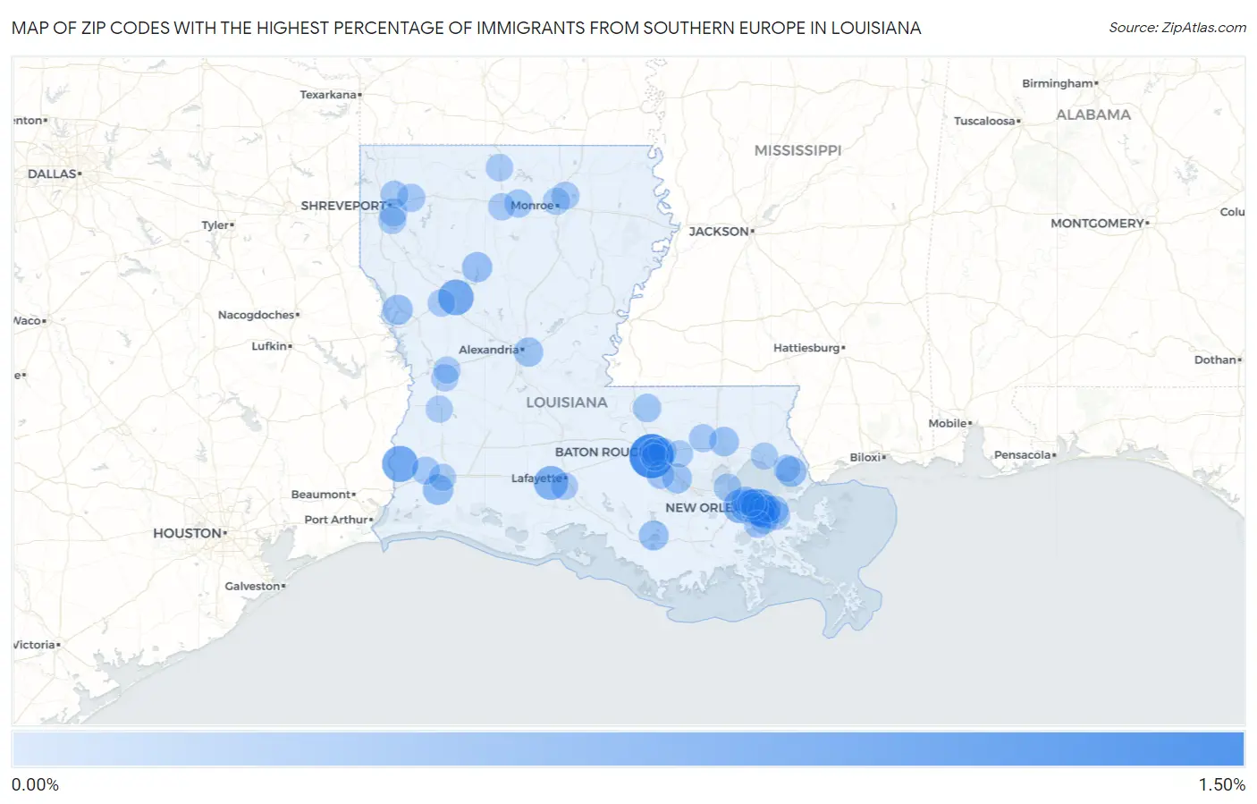 Zip Codes with the Highest Percentage of Immigrants from Southern Europe in Louisiana Map