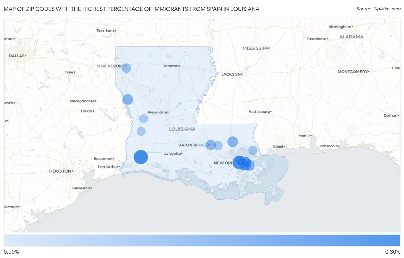 Zip Codes with the Highest Percentage of Immigrants from Spain in Louisiana Map