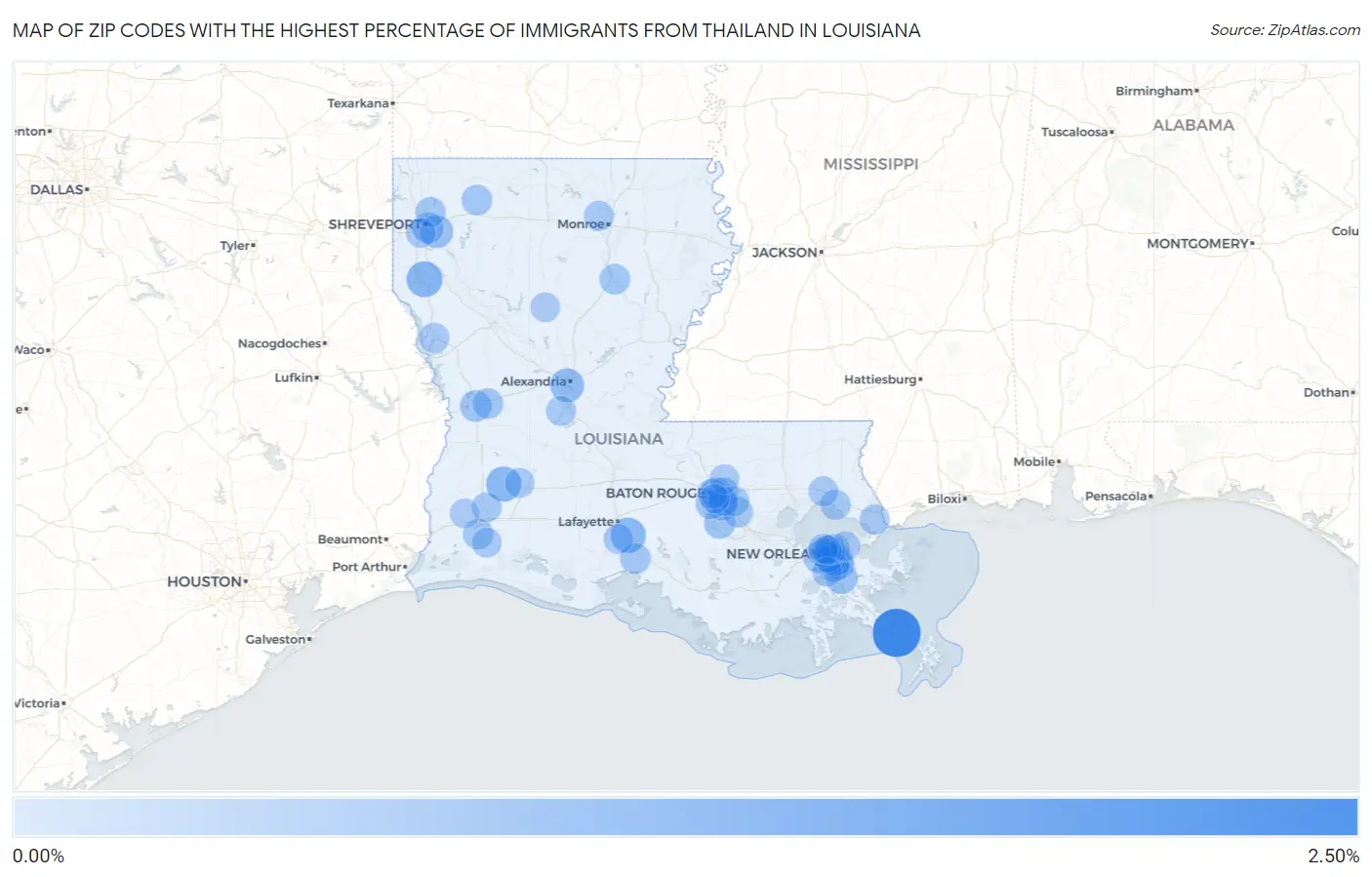 Zip Codes with the Highest Percentage of Immigrants from Thailand in Louisiana Map