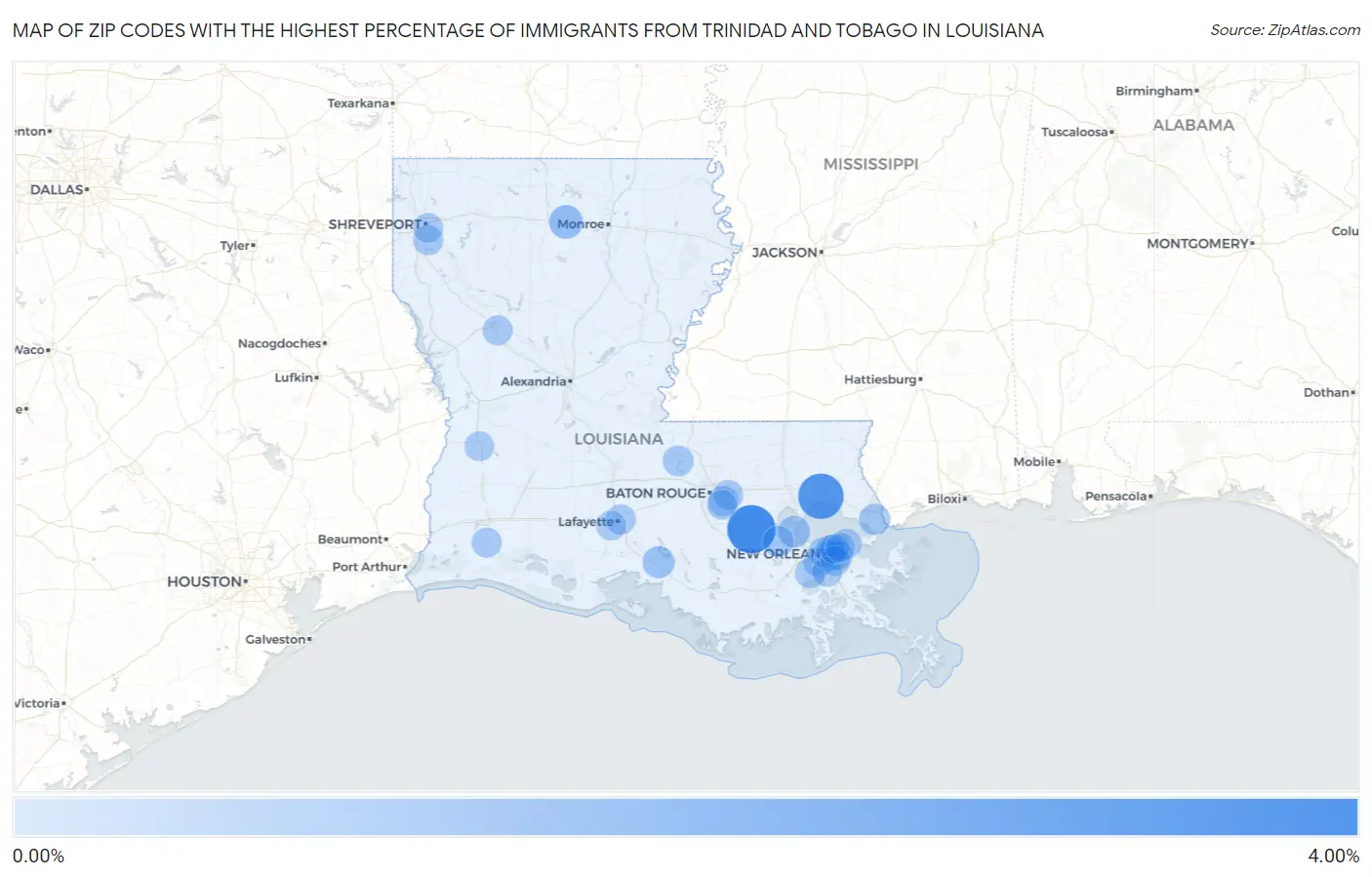 Zip Codes with the Highest Percentage of Immigrants from Trinidad and Tobago in Louisiana Map