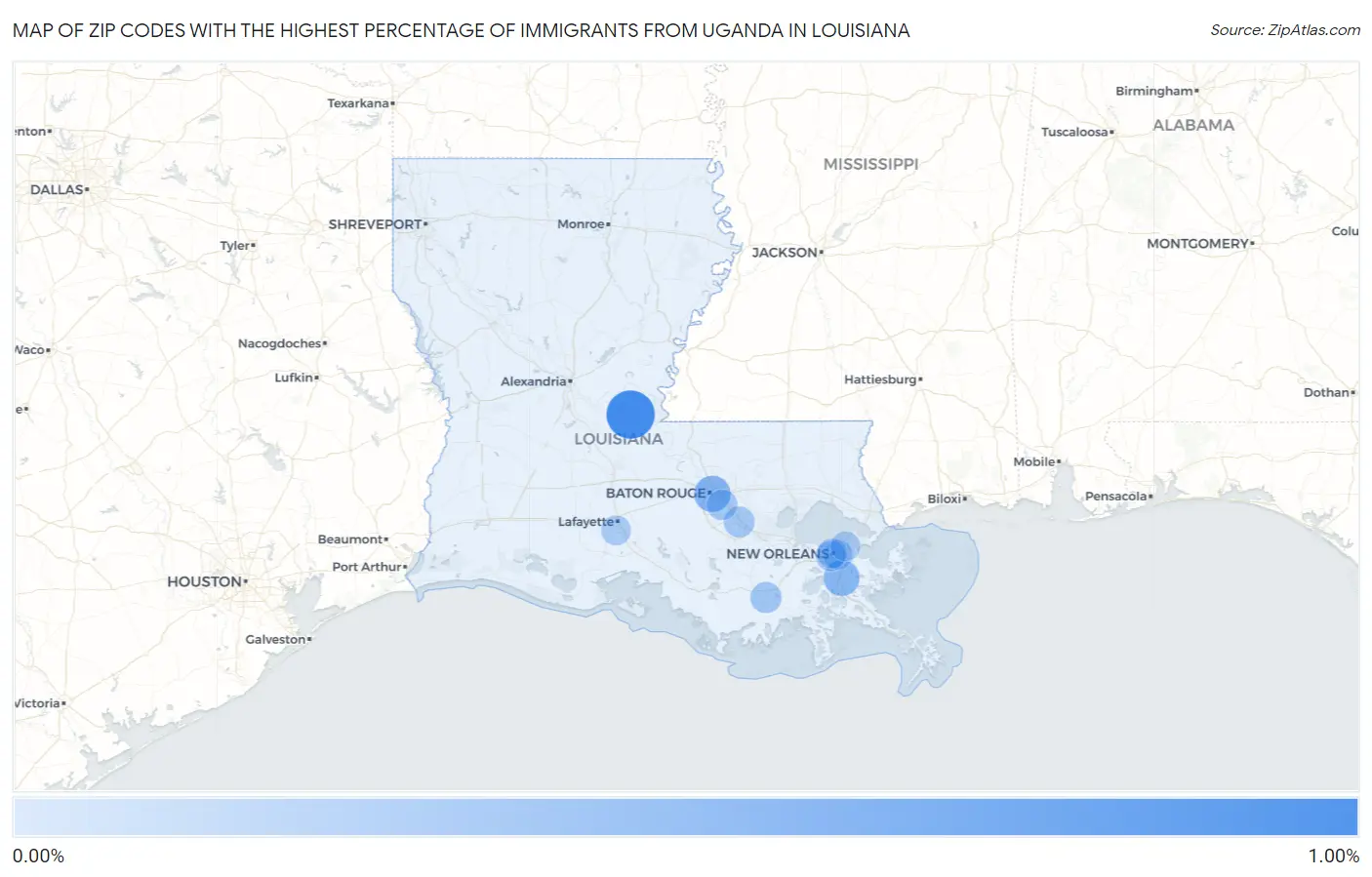Zip Codes with the Highest Percentage of Immigrants from Uganda in Louisiana Map