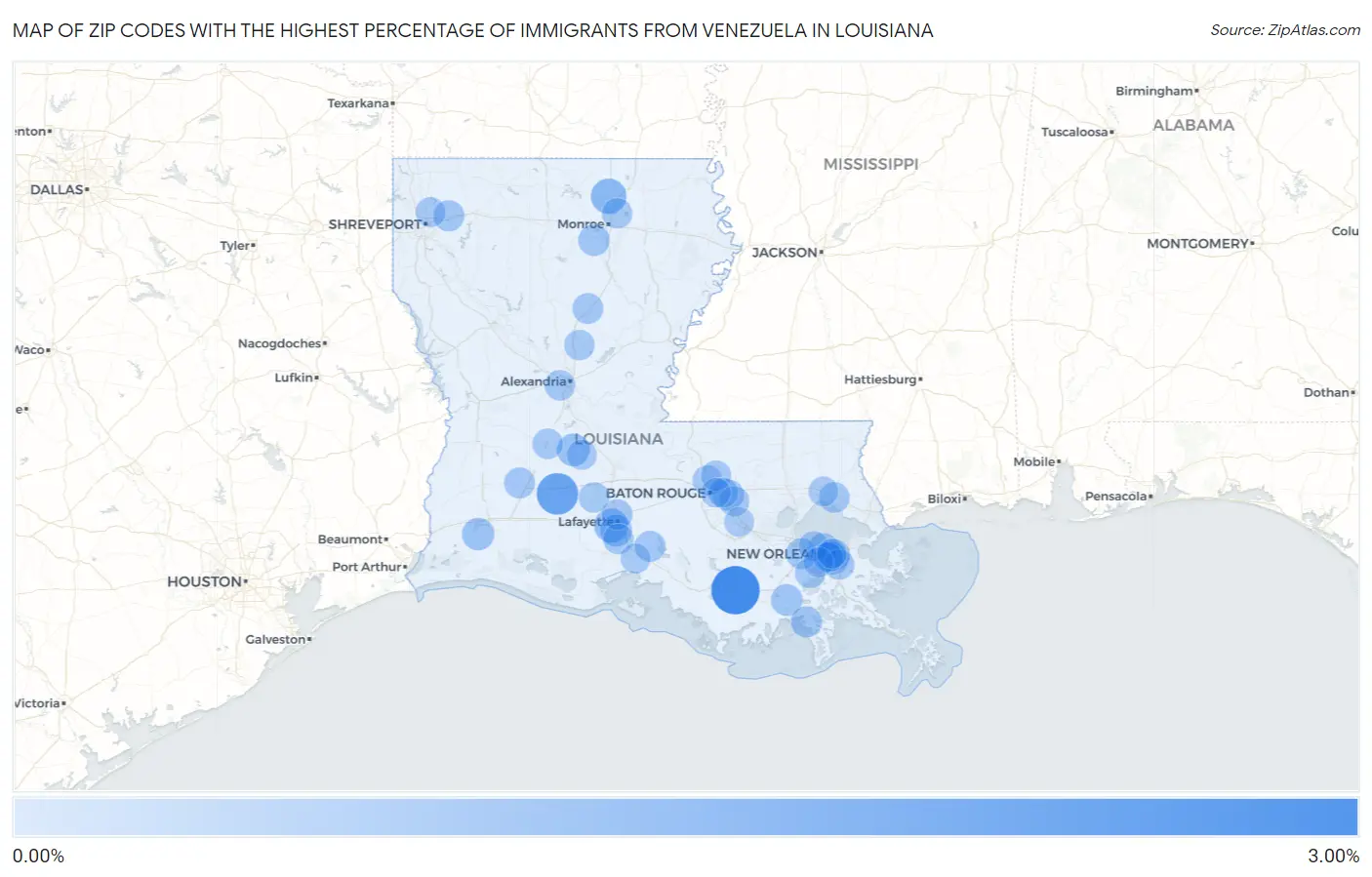 Zip Codes with the Highest Percentage of Immigrants from Venezuela in Louisiana Map