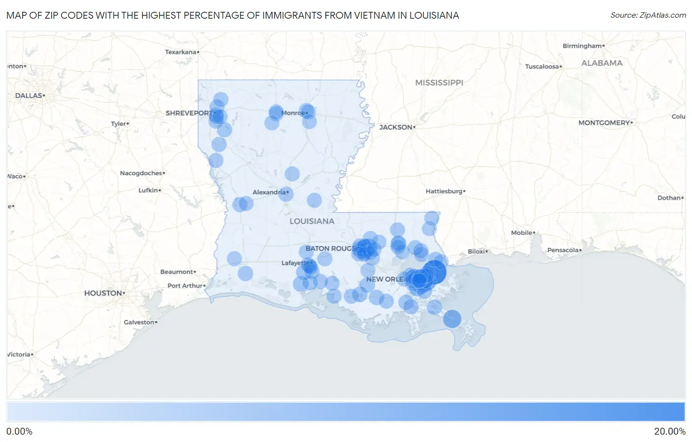 Zip Codes with the Highest Percentage of Immigrants from Vietnam in Louisiana Map