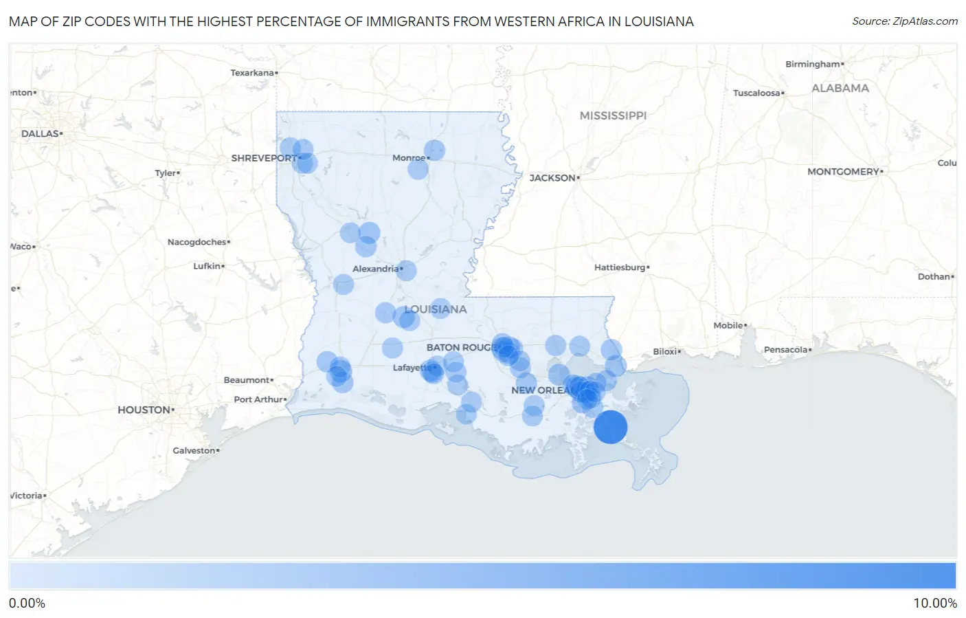 Zip Codes with the Highest Percentage of Immigrants from Western Africa in Louisiana Map