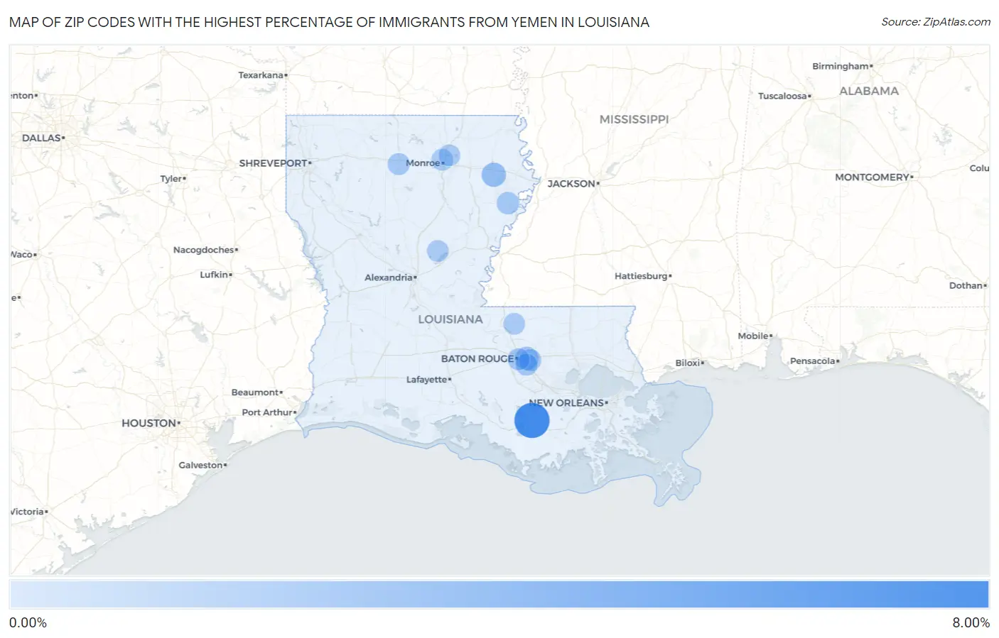 Zip Codes with the Highest Percentage of Immigrants from Yemen in Louisiana Map