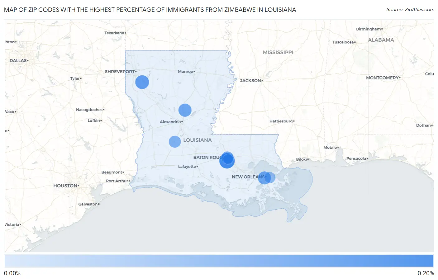 Zip Codes with the Highest Percentage of Immigrants from Zimbabwe in Louisiana Map