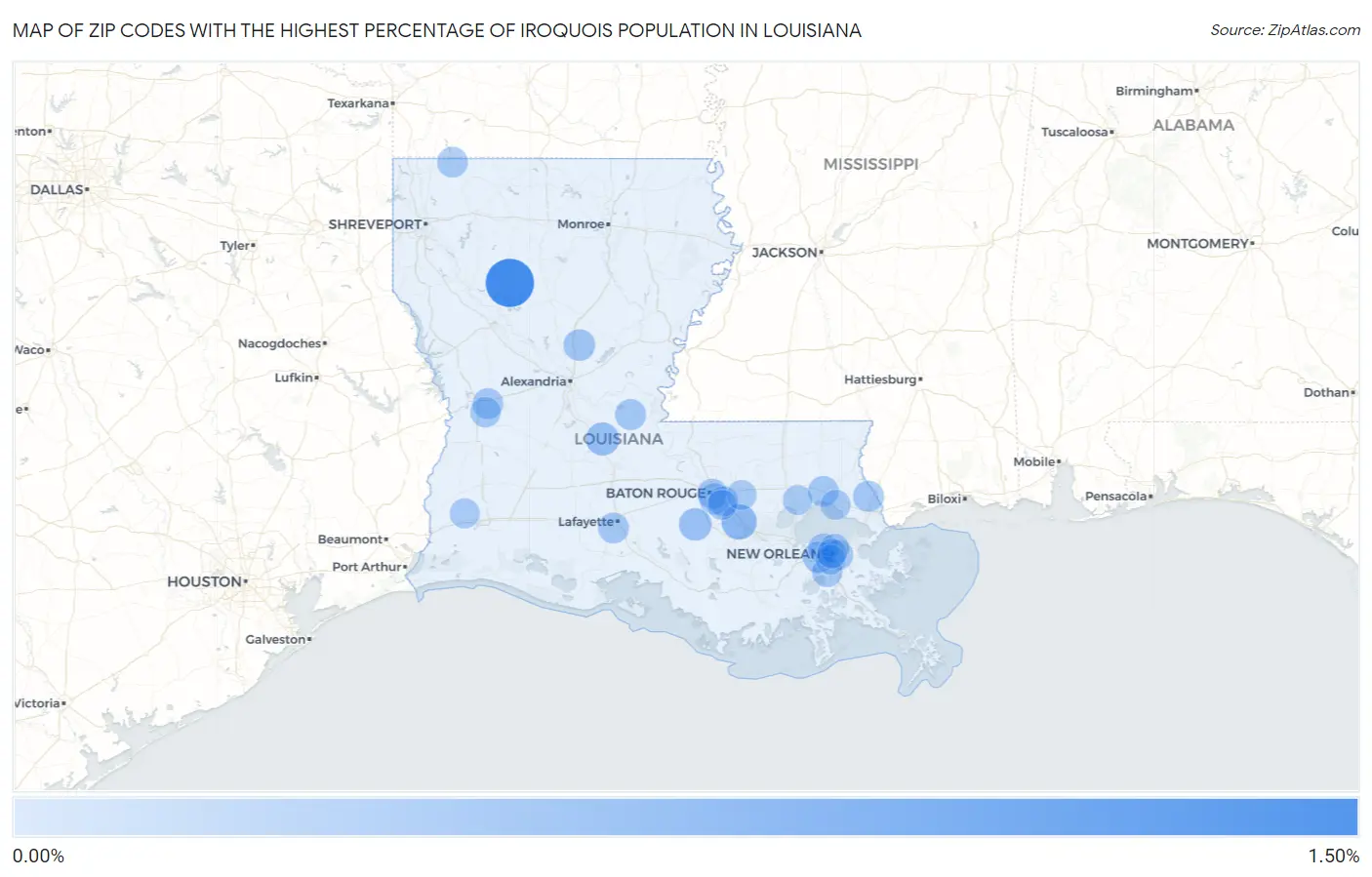 Zip Codes with the Highest Percentage of Iroquois Population in Louisiana Map