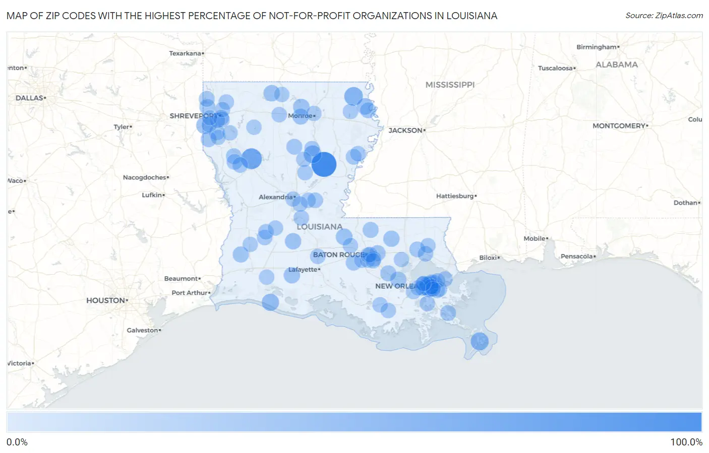 Zip Codes with the Highest Percentage of Not-for-profit Organizations in Louisiana Map