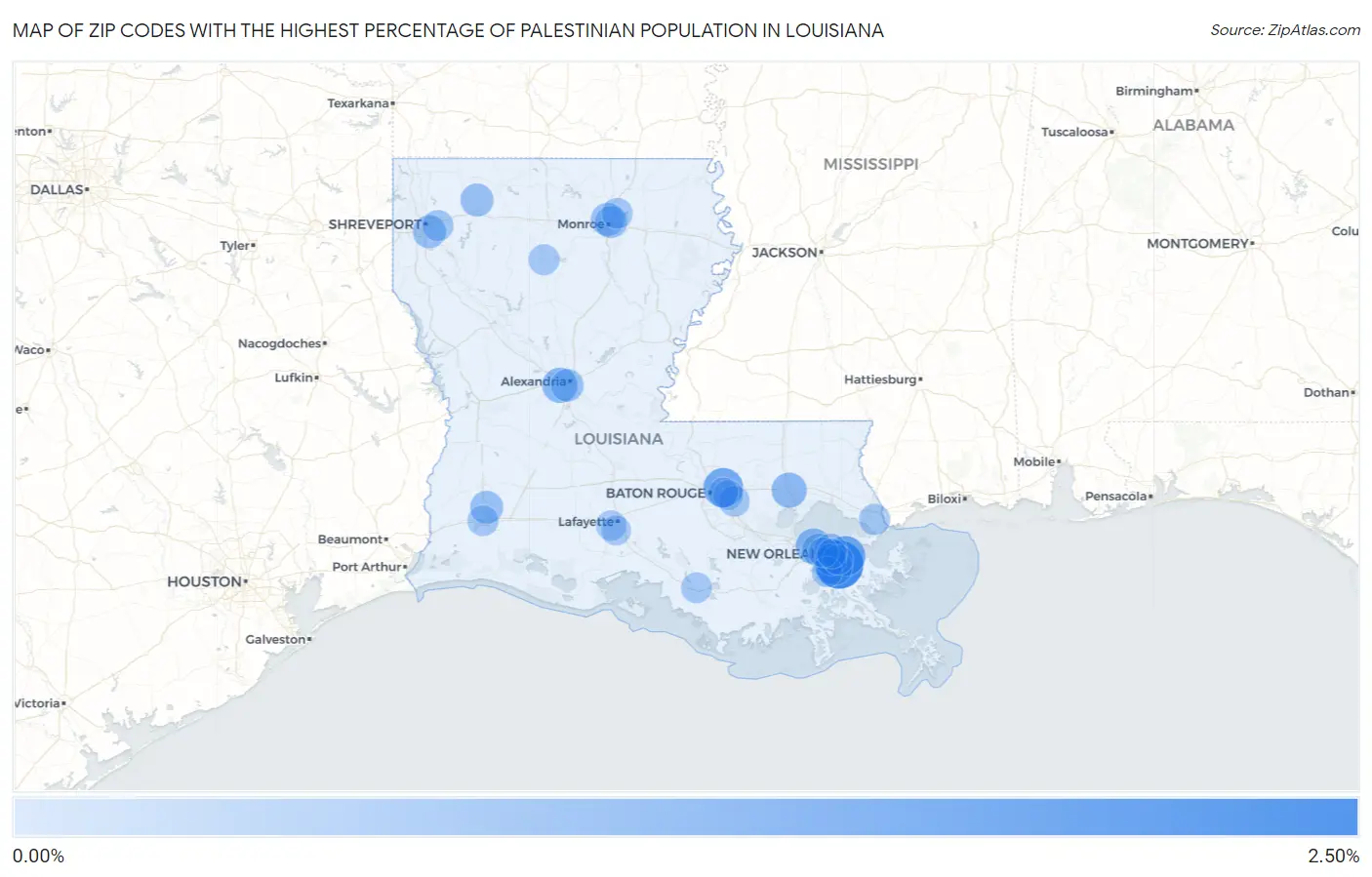 Zip Codes with the Highest Percentage of Palestinian Population in Louisiana Map