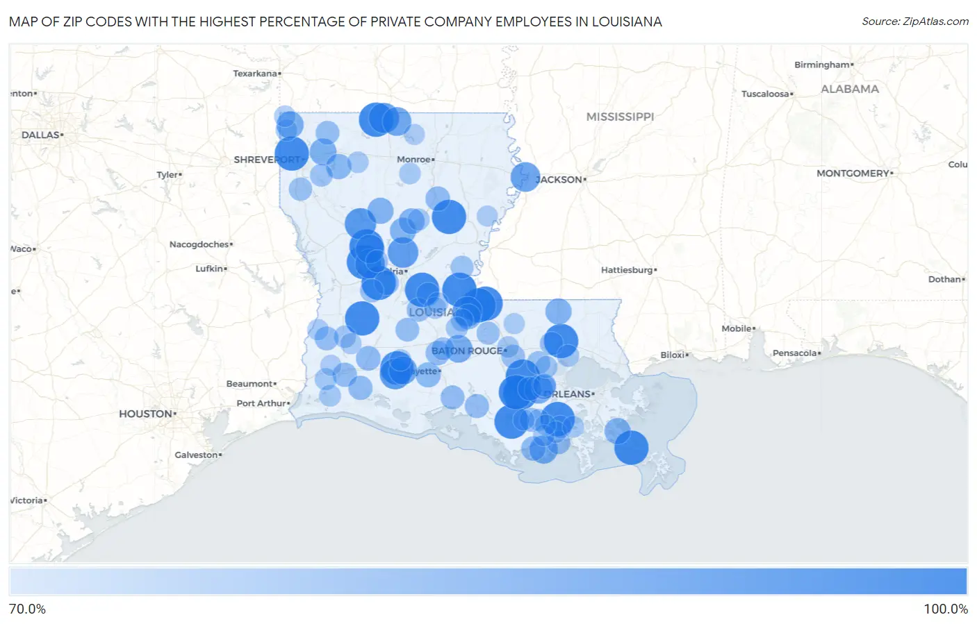 Zip Codes with the Highest Percentage of Private Company Employees in Louisiana Map