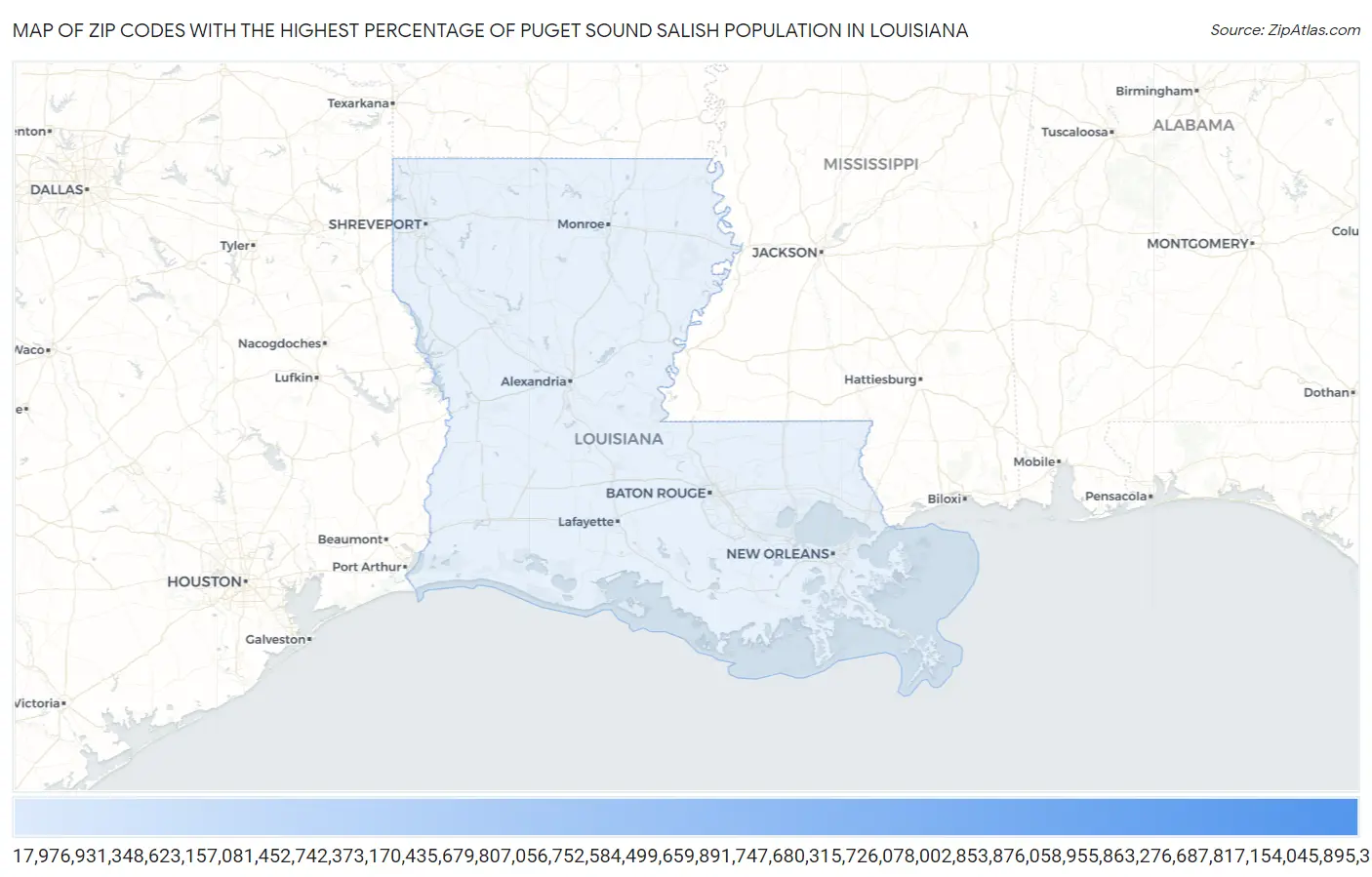 Zip Codes with the Highest Percentage of Puget Sound Salish Population in Louisiana Map