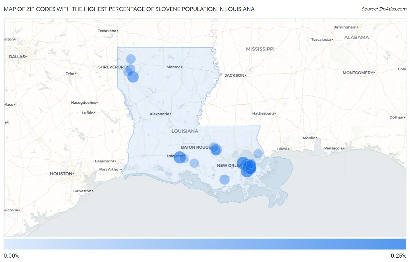 Zip Codes with the Highest Percentage of Slovene Population in Louisiana Map
