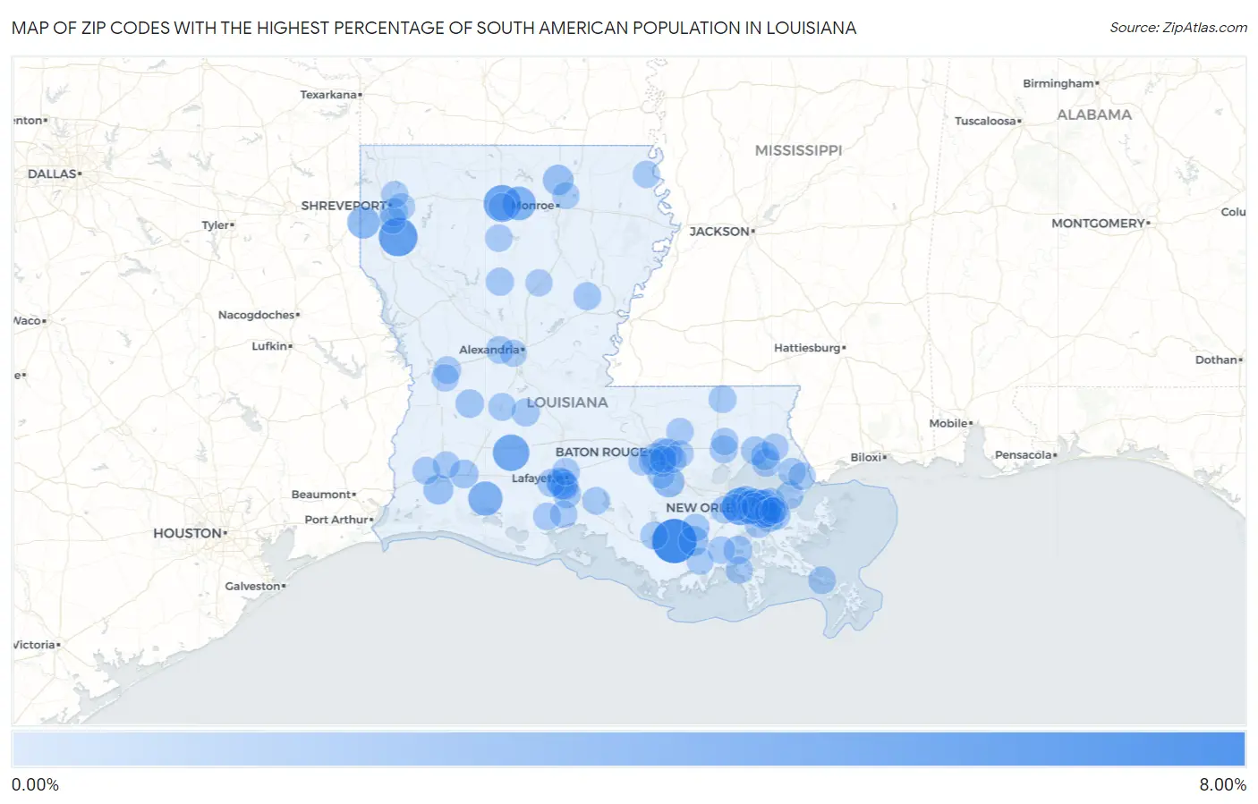 Zip Codes with the Highest Percentage of South American Population in Louisiana Map