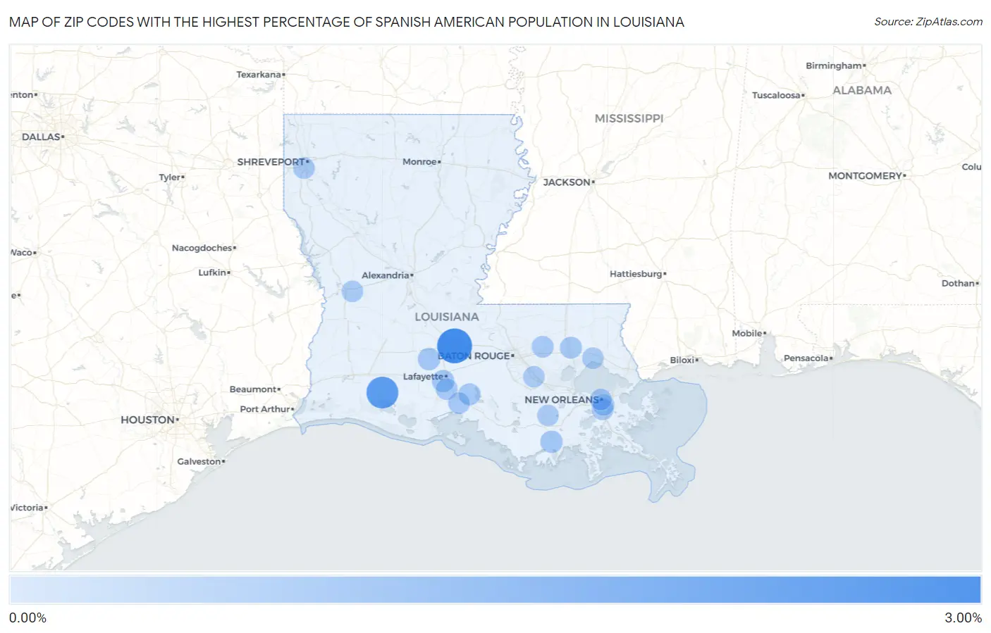Zip Codes with the Highest Percentage of Spanish American Population in Louisiana Map