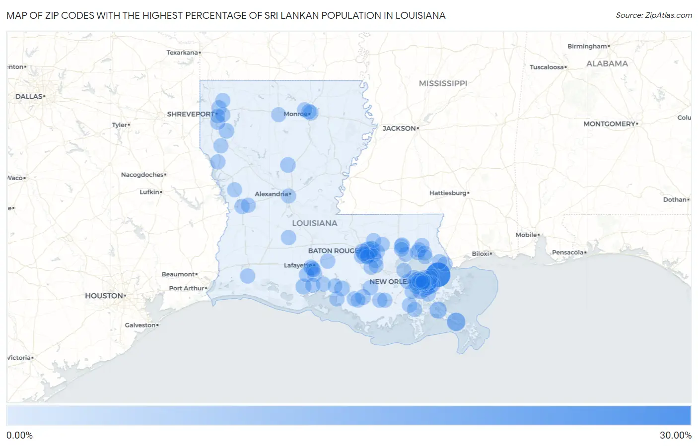 Zip Codes with the Highest Percentage of Sri Lankan Population in Louisiana Map