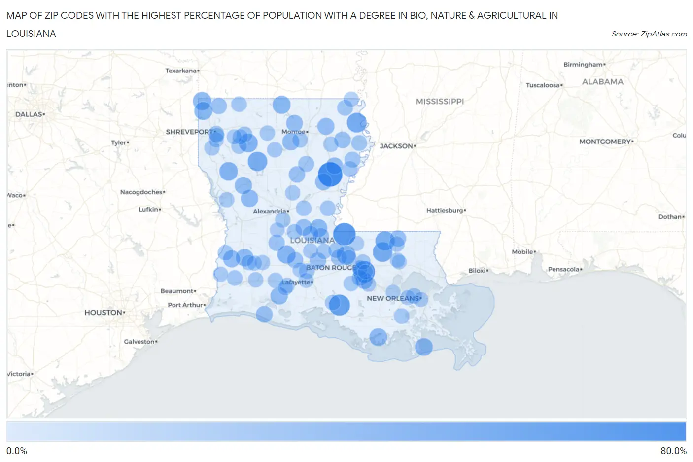 Zip Codes with the Highest Percentage of Population with a Degree in Bio, Nature & Agricultural in Louisiana Map