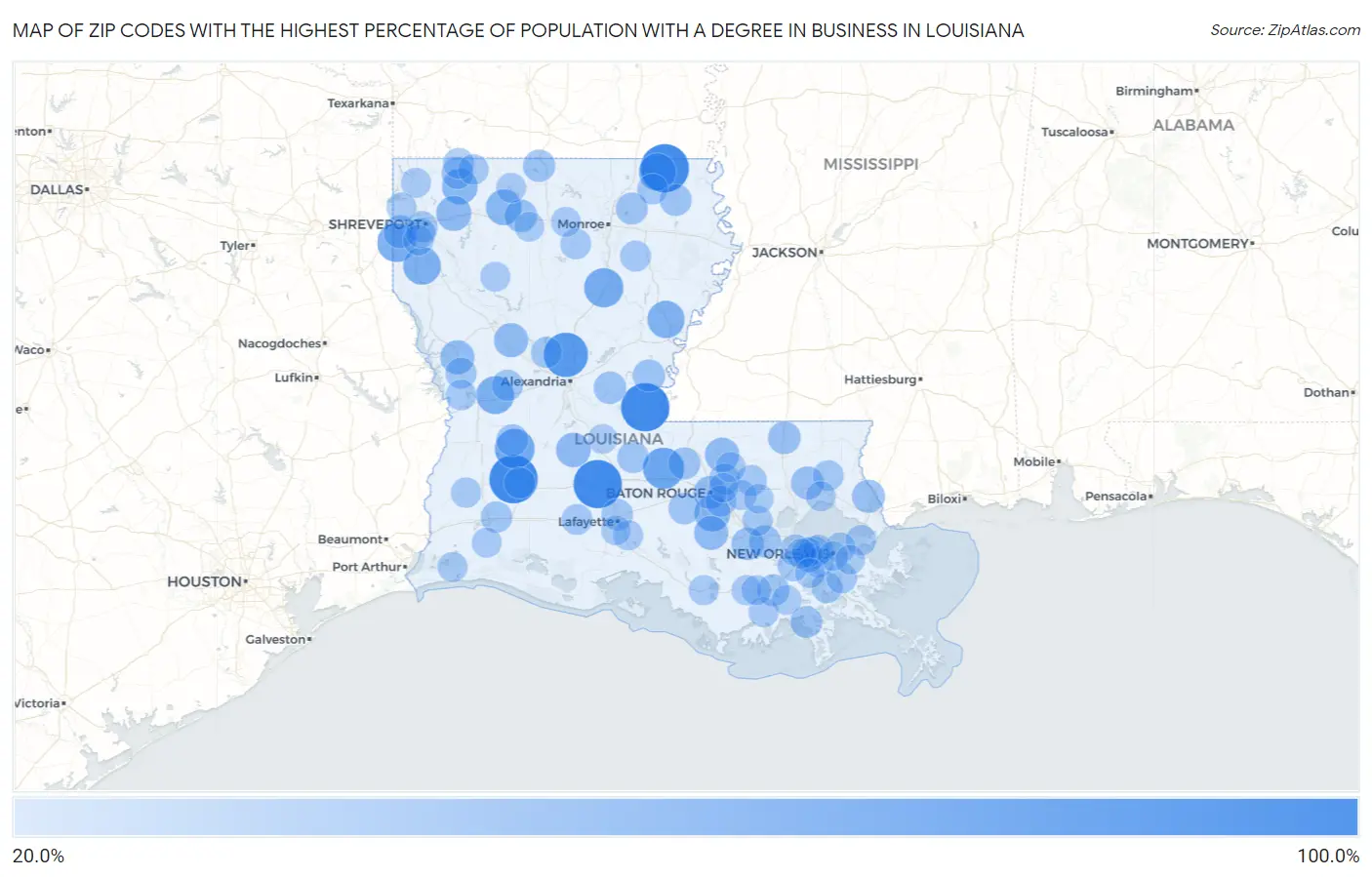 Zip Codes with the Highest Percentage of Population with a Degree in Business in Louisiana Map