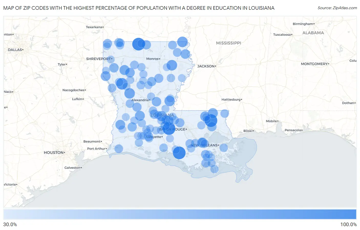 Zip Codes with the Highest Percentage of Population with a Degree in Education in Louisiana Map