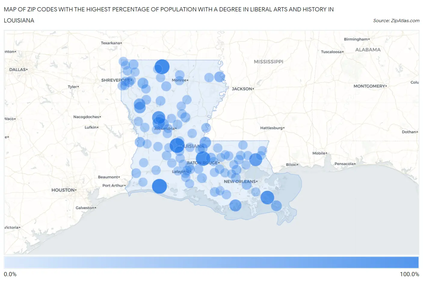 Zip Codes with the Highest Percentage of Population with a Degree in Liberal Arts and History in Louisiana Map