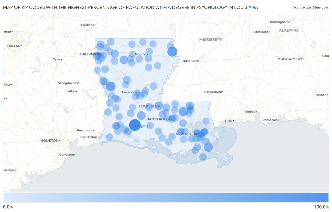 Zip Codes with the Highest Percentage of Population with a Degree in Psychology in Louisiana Map