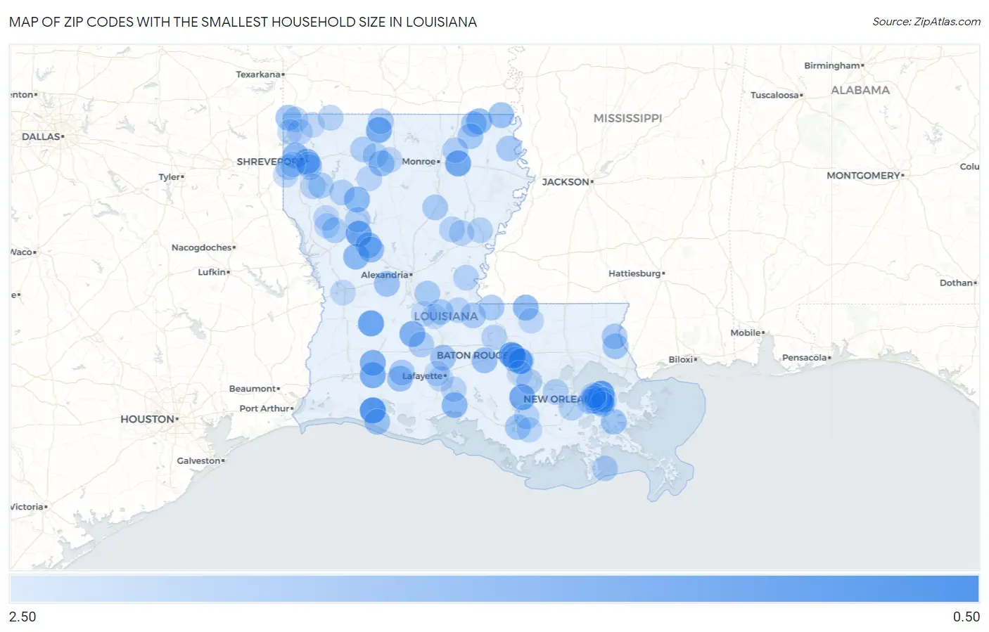 Zip Codes with the Smallest Household Size in Louisiana Map