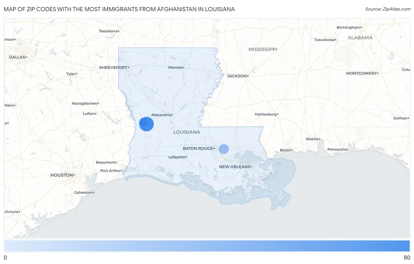 Zip Codes with the Most Immigrants from Afghanistan in Louisiana Map