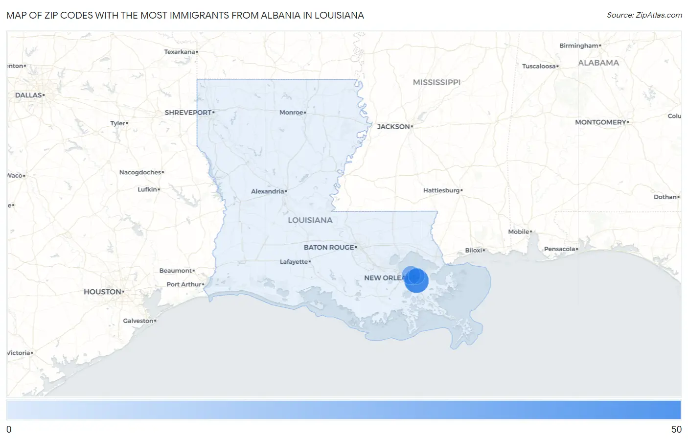 Zip Codes with the Most Immigrants from Albania in Louisiana Map
