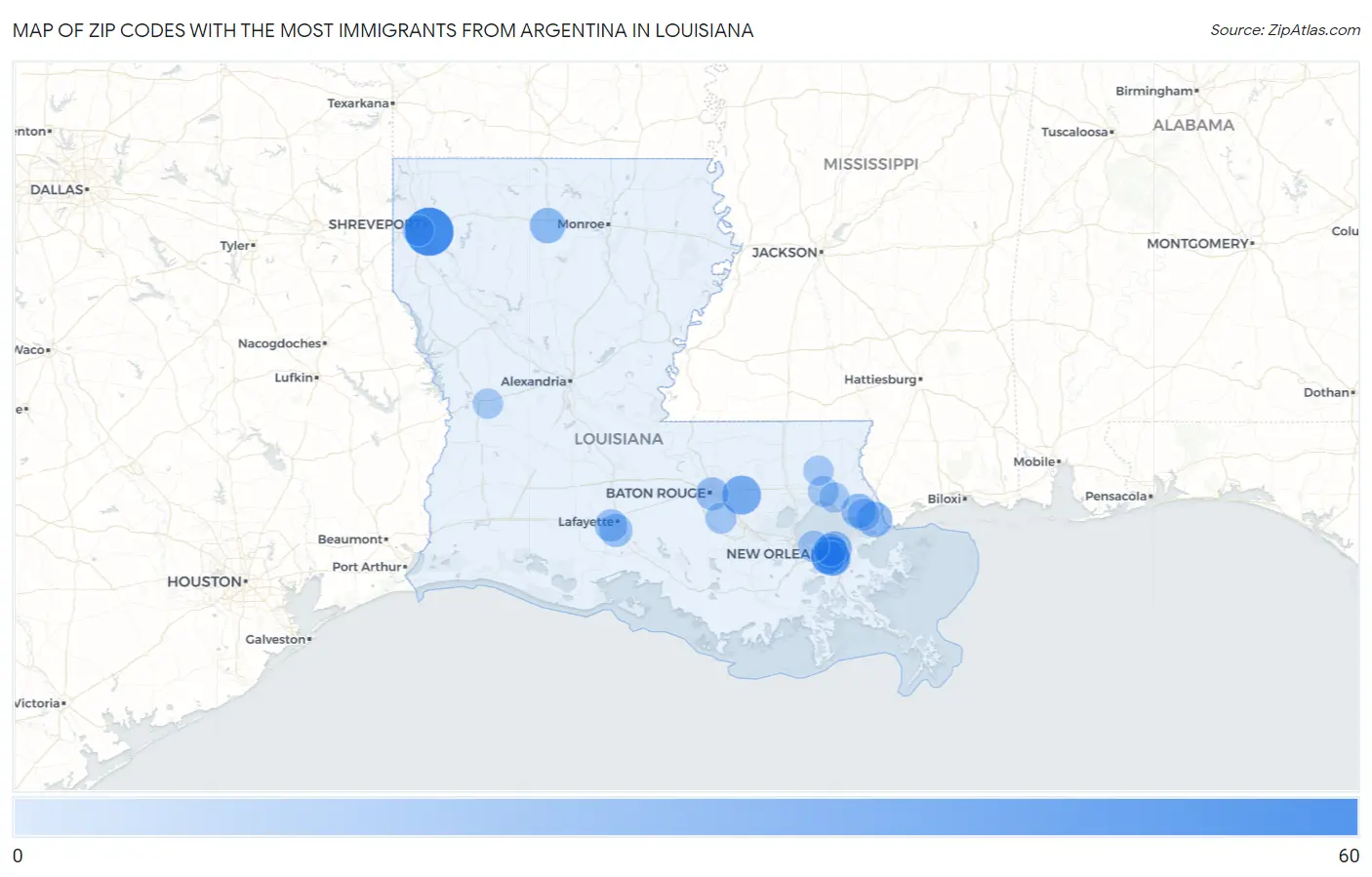Zip Codes with the Most Immigrants from Argentina in Louisiana Map
