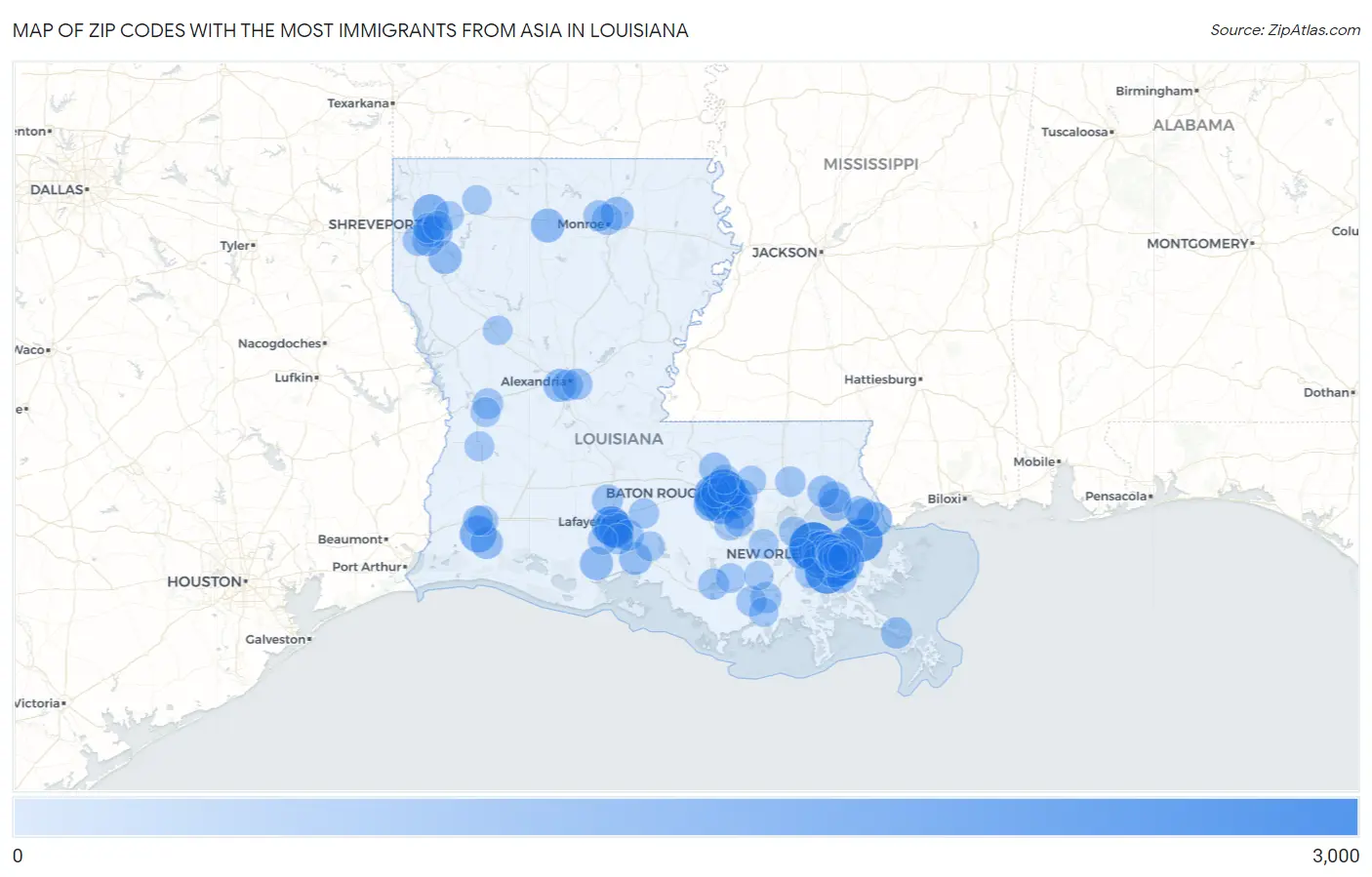 Zip Codes with the Most Immigrants from Asia in Louisiana Map