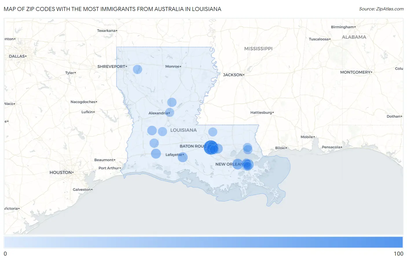 Zip Codes with the Most Immigrants from Australia in Louisiana Map