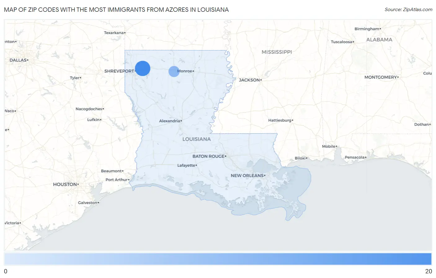 Zip Codes with the Most Immigrants from Azores in Louisiana Map
