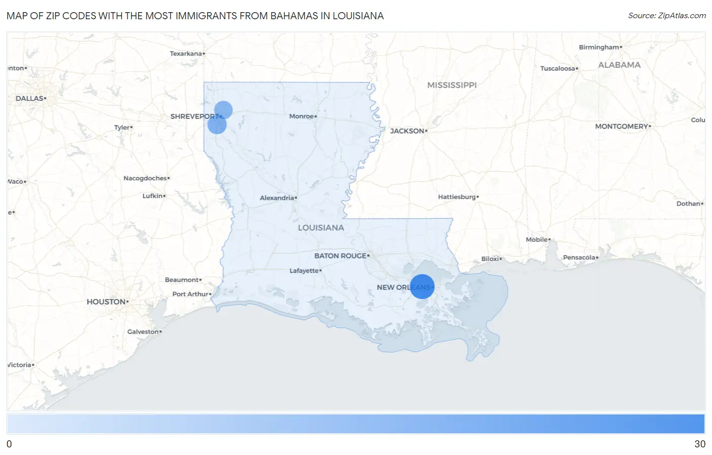 Zip Codes with the Most Immigrants from Bahamas in Louisiana Map